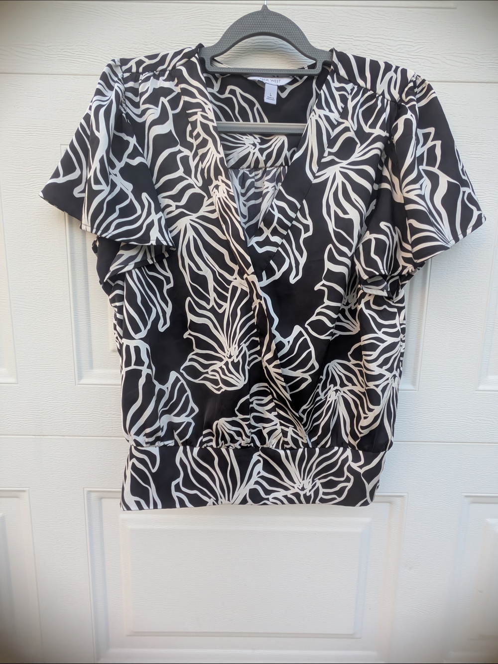 Nine West Black and White Floral Wrap-Style Blouse